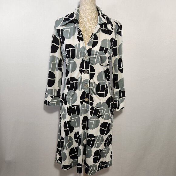 Tempo Paris Women Small Size Gray Geometric Print 3/4 Sleeve Front Pocket Dress - Picture 1 of 15